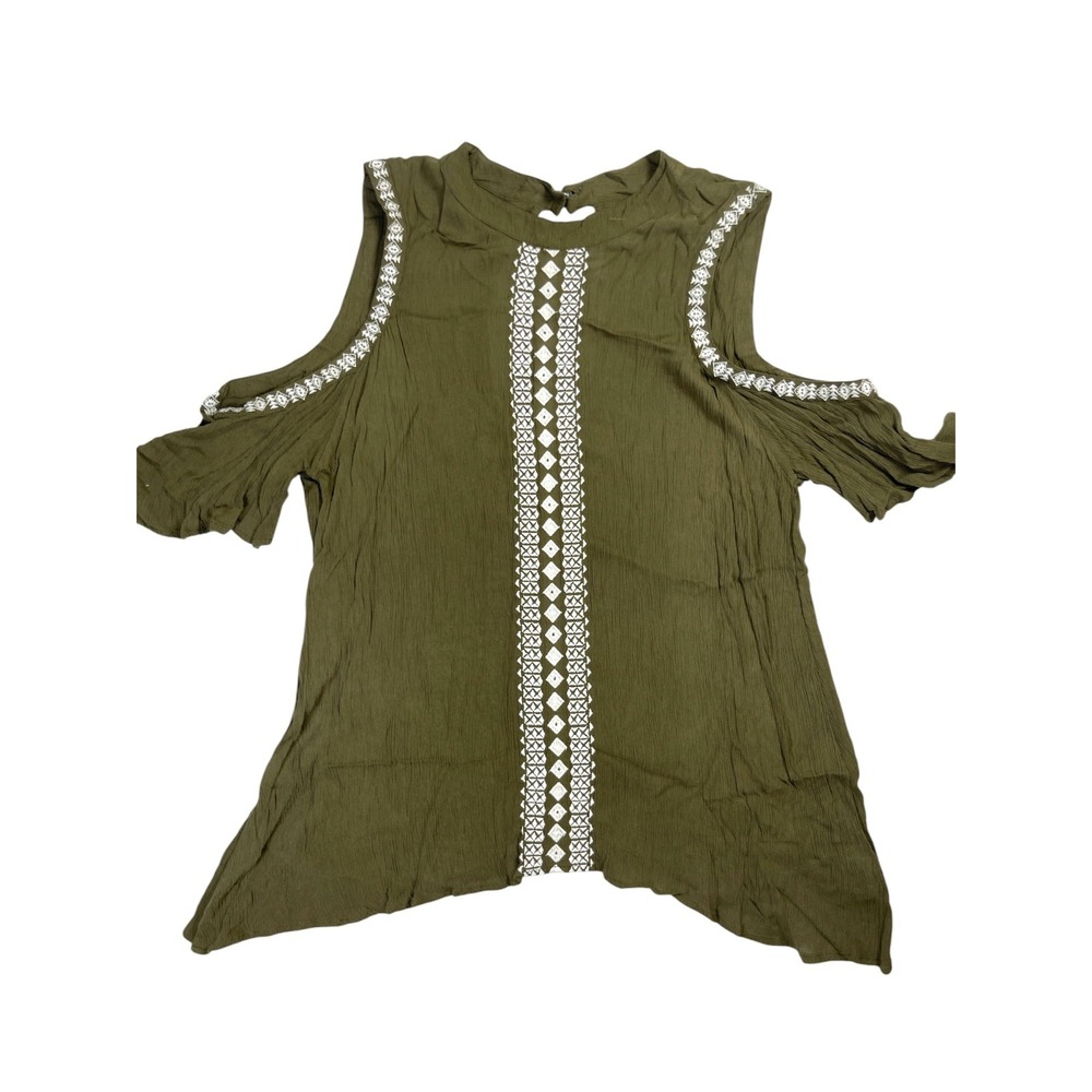 O'Neill Tunic Blouse Women's Large Olive Green Embroidered Cold Shoulder Sleeve